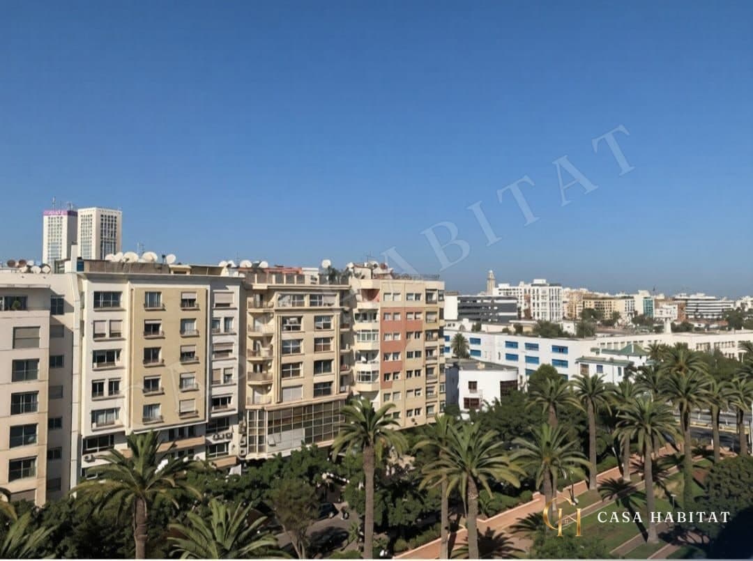 Vue sur immeubles et palmiers depuis la fenêtre sous ciel bleu
