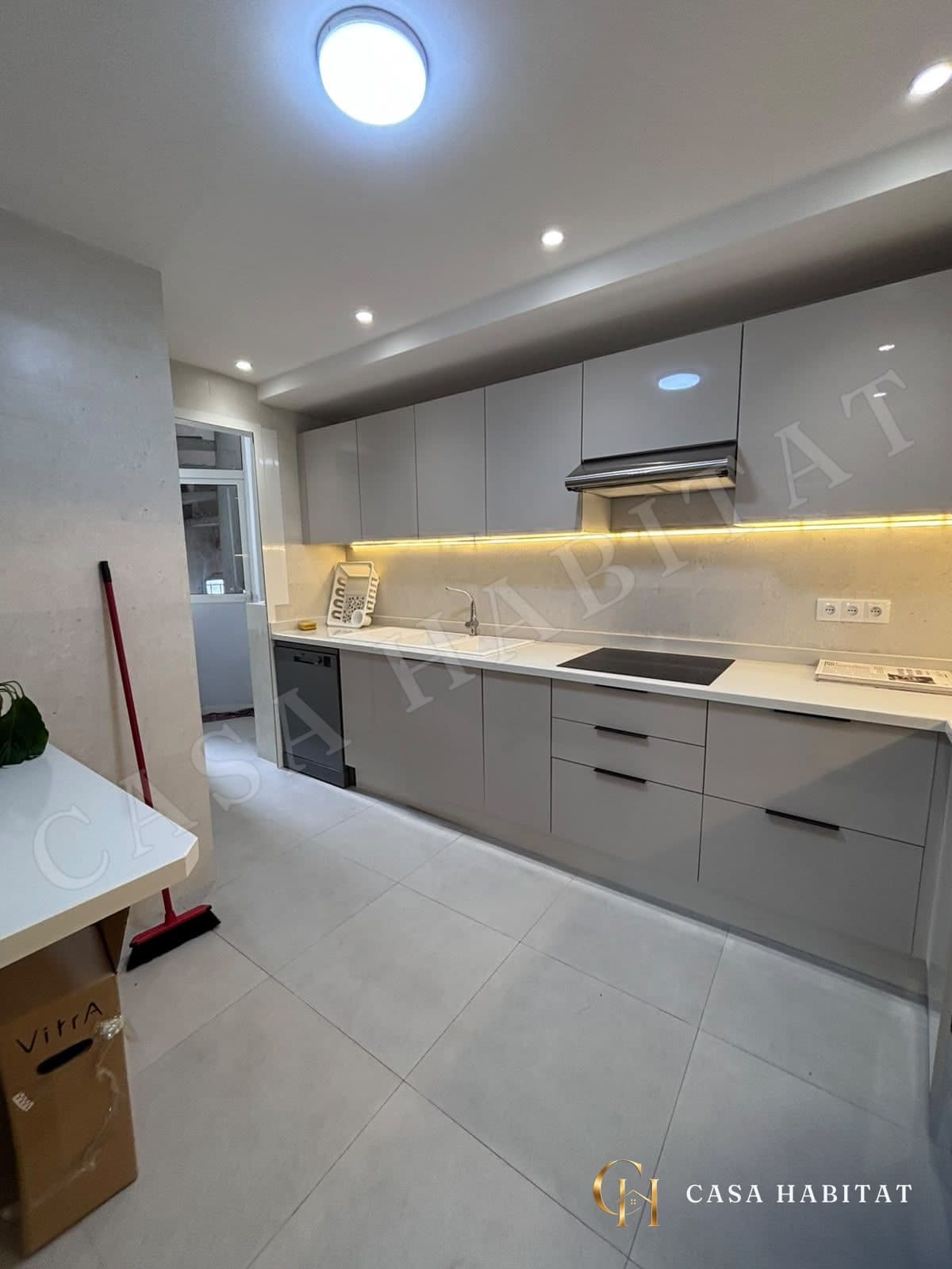 Cuisine grise avec plan de travail, plaque de cuisson et évier