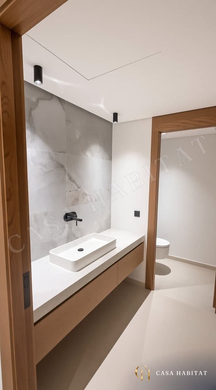 Salle de bain avec vasque rectangulaire, robinet noir et meuble en bois