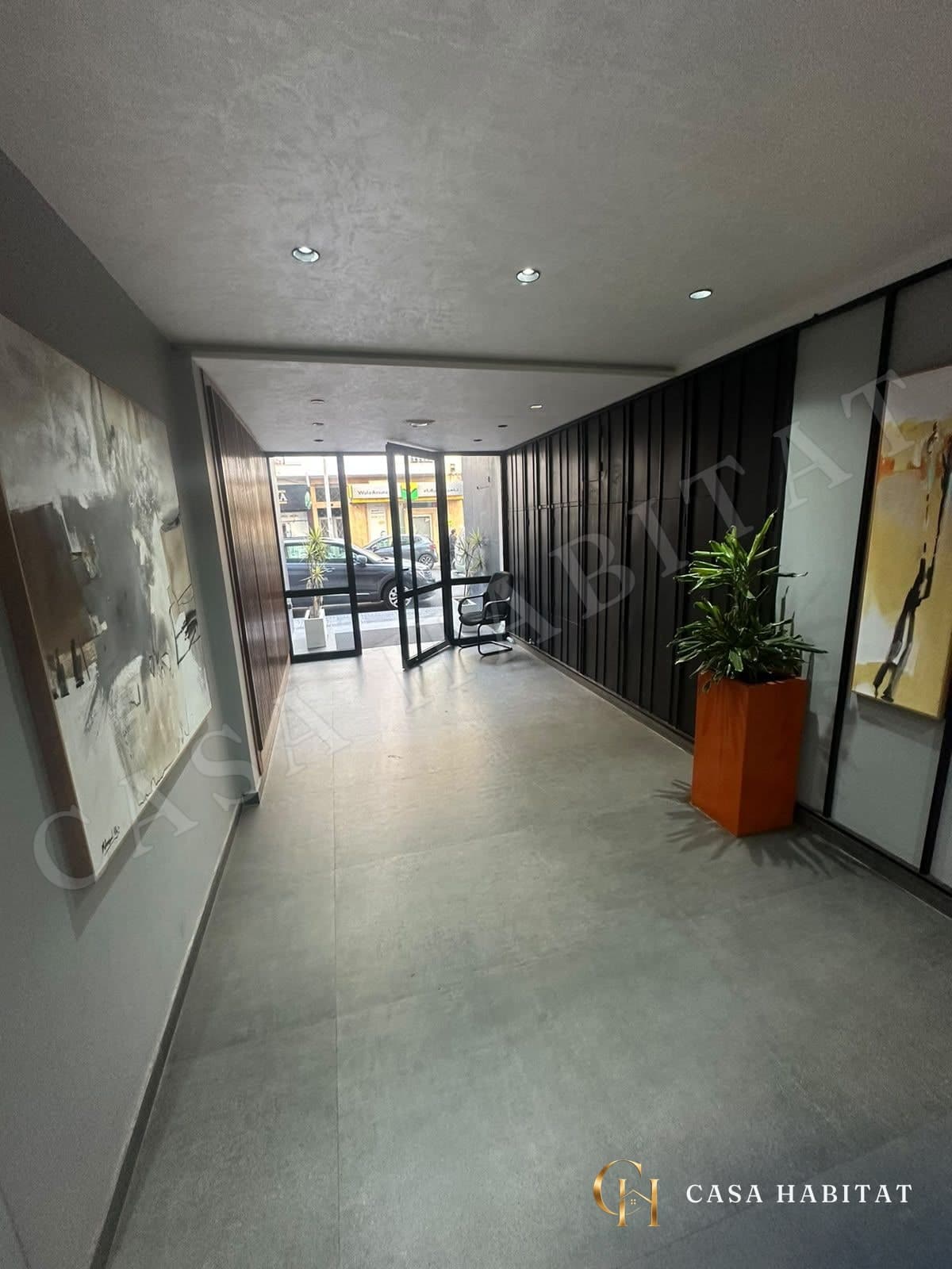 Hall d'entrée avec sol clair, tableau et plante