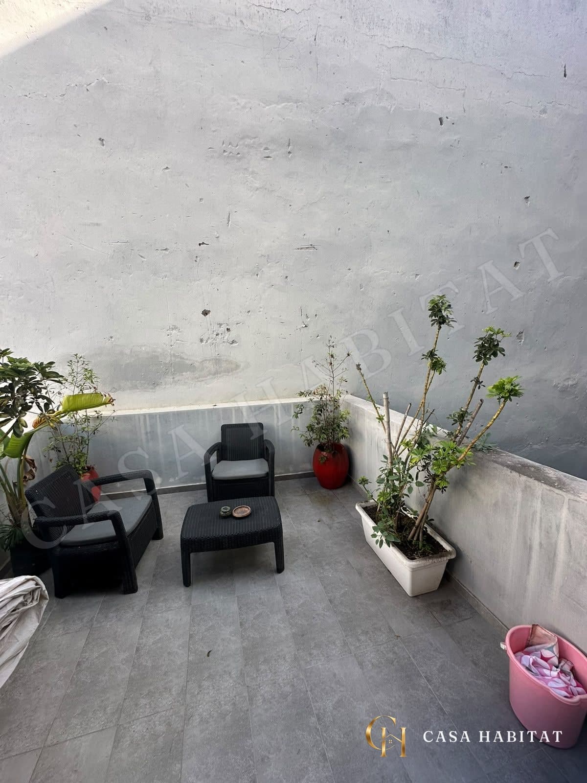 Terrasse avec fauteuils en rotin noir, table basse et plantes en pot