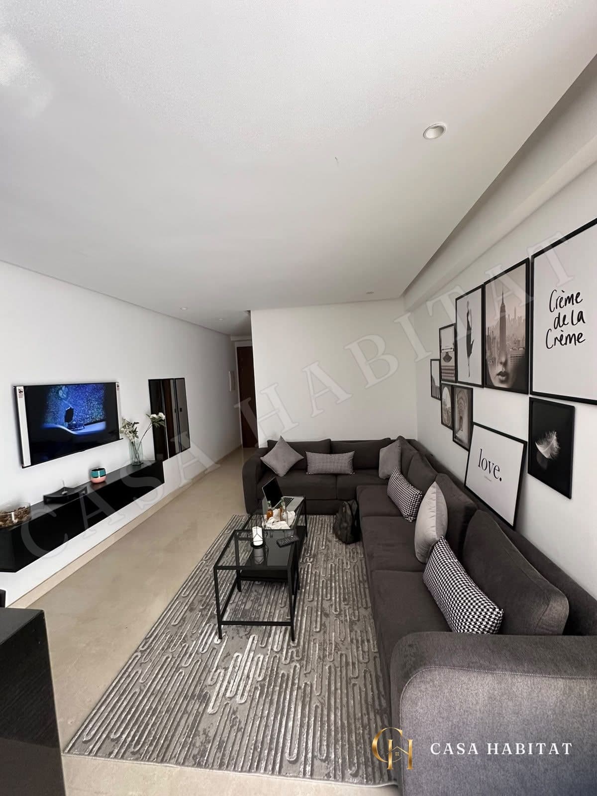 Salon avec canapé gris, tapis texturé et télévision murale