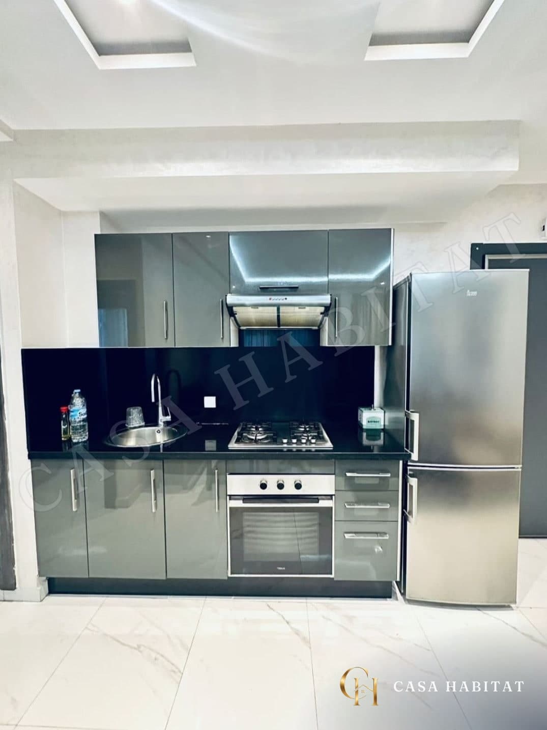 Cuisine équipée grise avec évier, plaque de cuisson et réfrigérateur inox