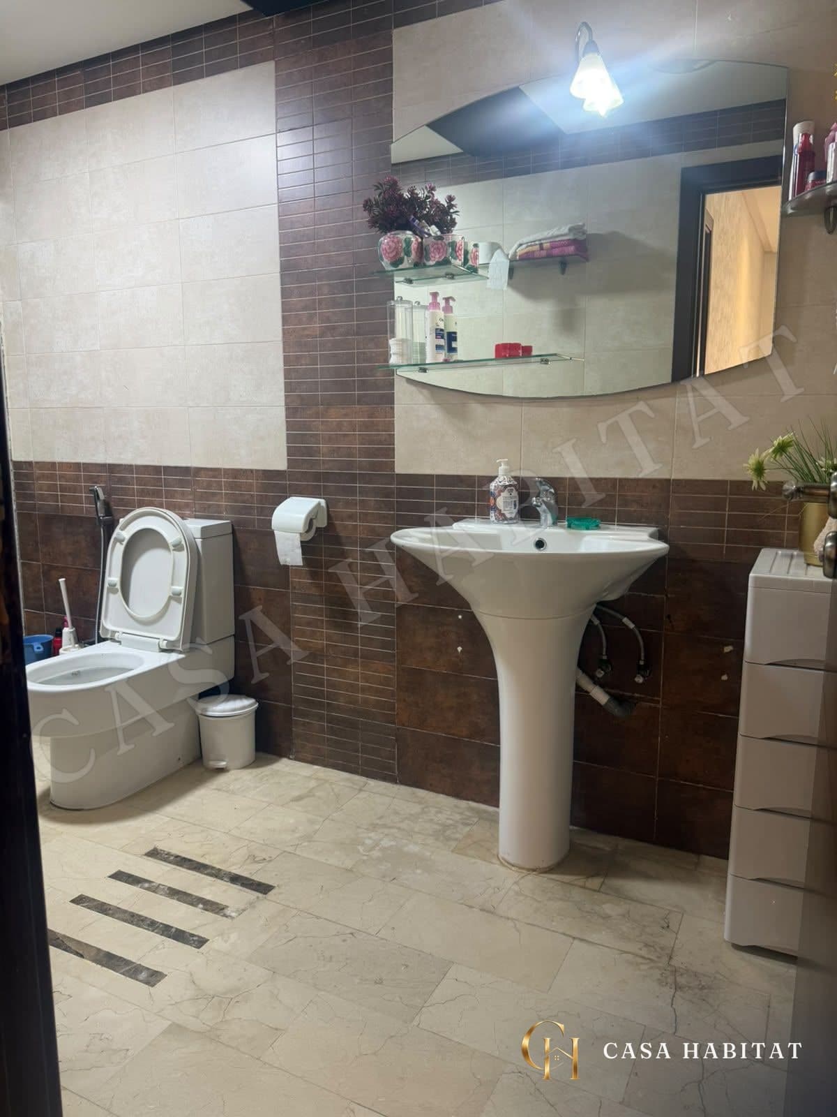 Salle de bain avec WC, lavabo et douche d'angle