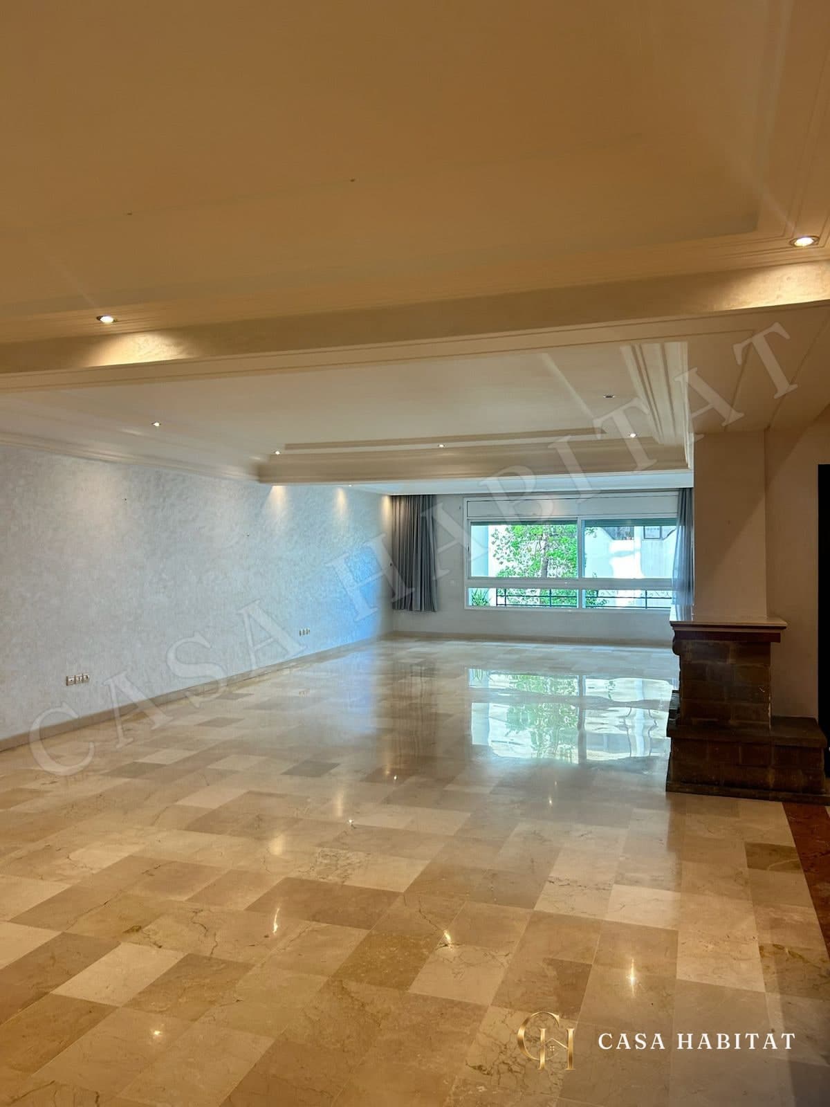 Salon en marbre avec cheminée en pierre et fenêtre