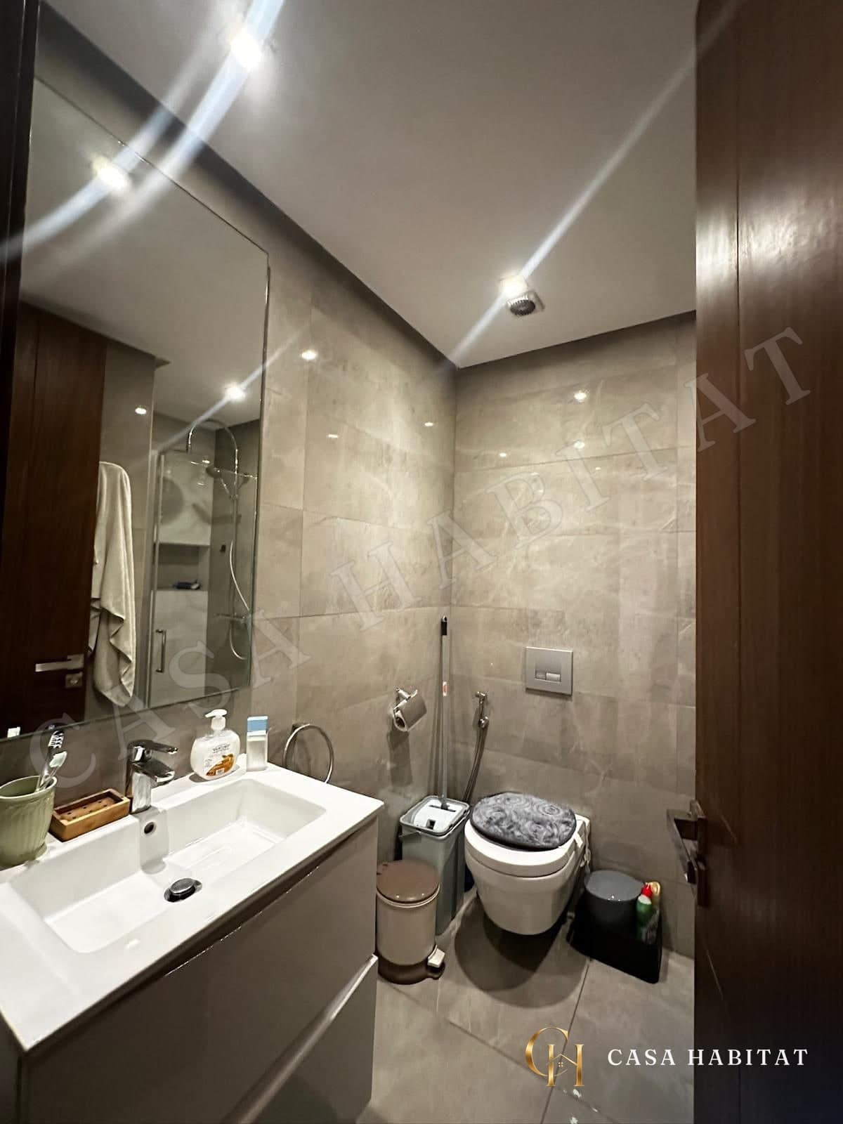 Salle de bain avec lavabo, miroir et WC