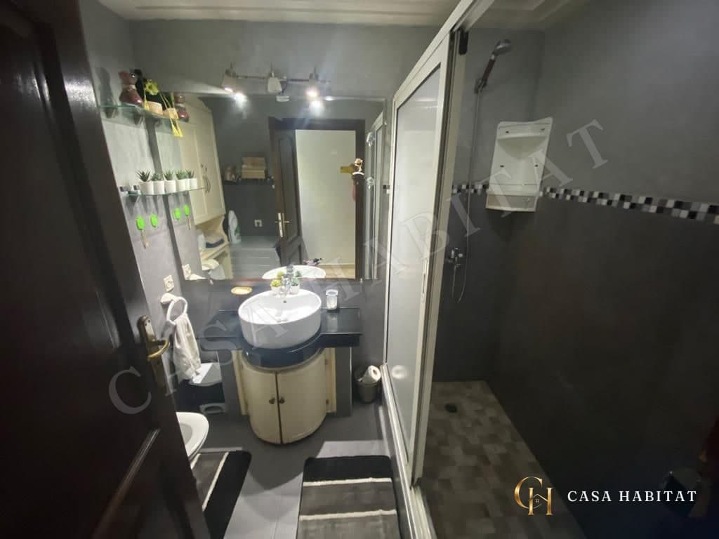 Salle de bain avec lavabo blanc, douche vitrée et tapis gris