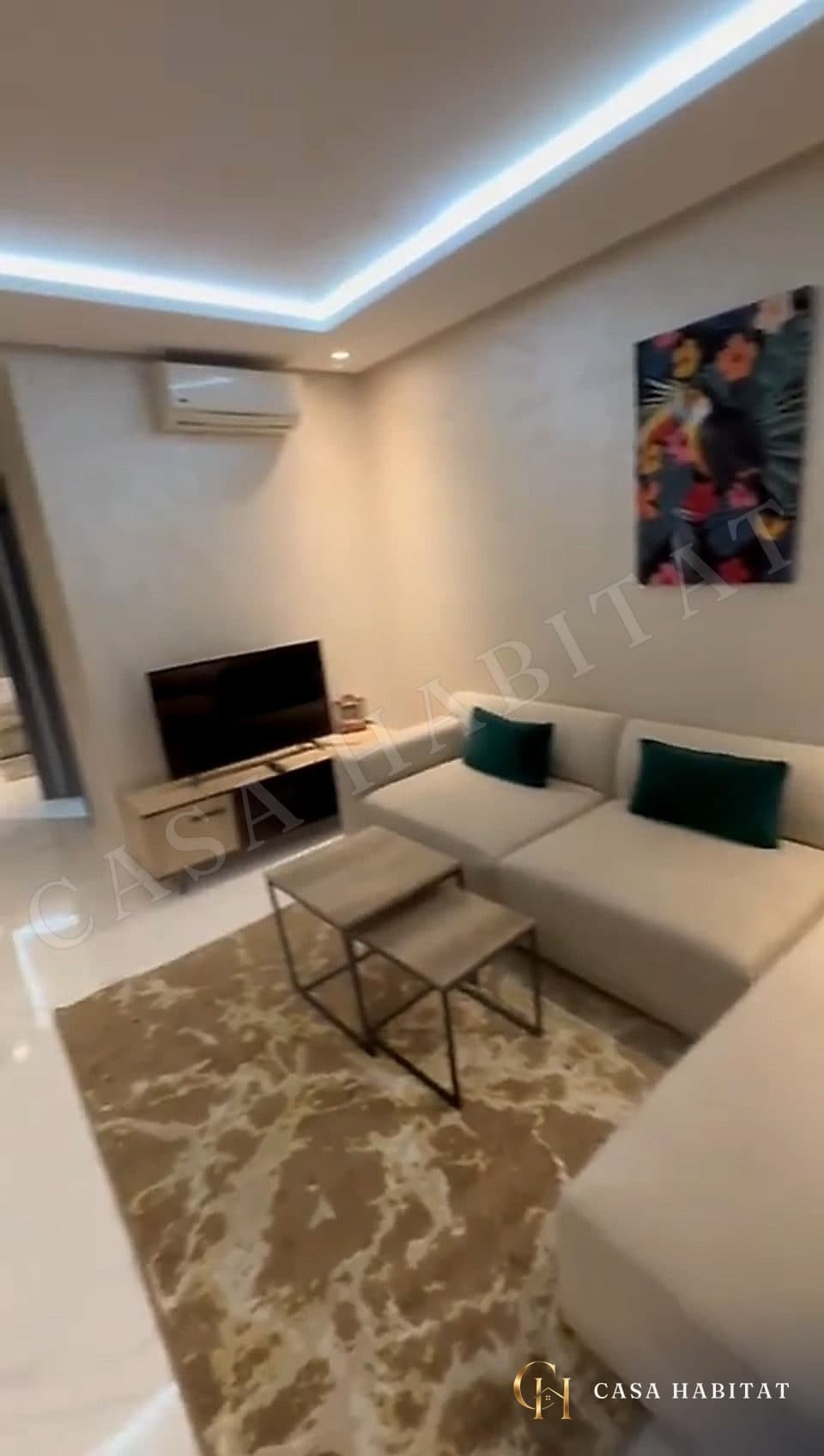 Salon avec canapé beige, téléviseur sur meuble bois et tableau coloré