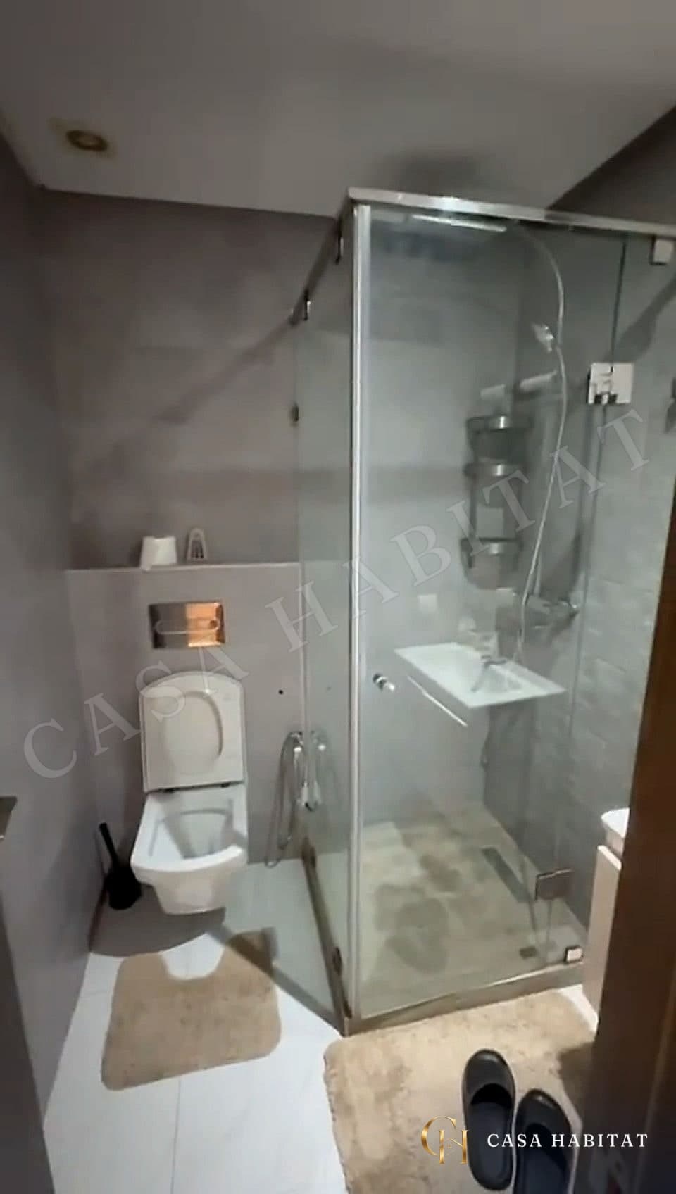 Salle de bain avec douche en verre, WC suspendu et tapis