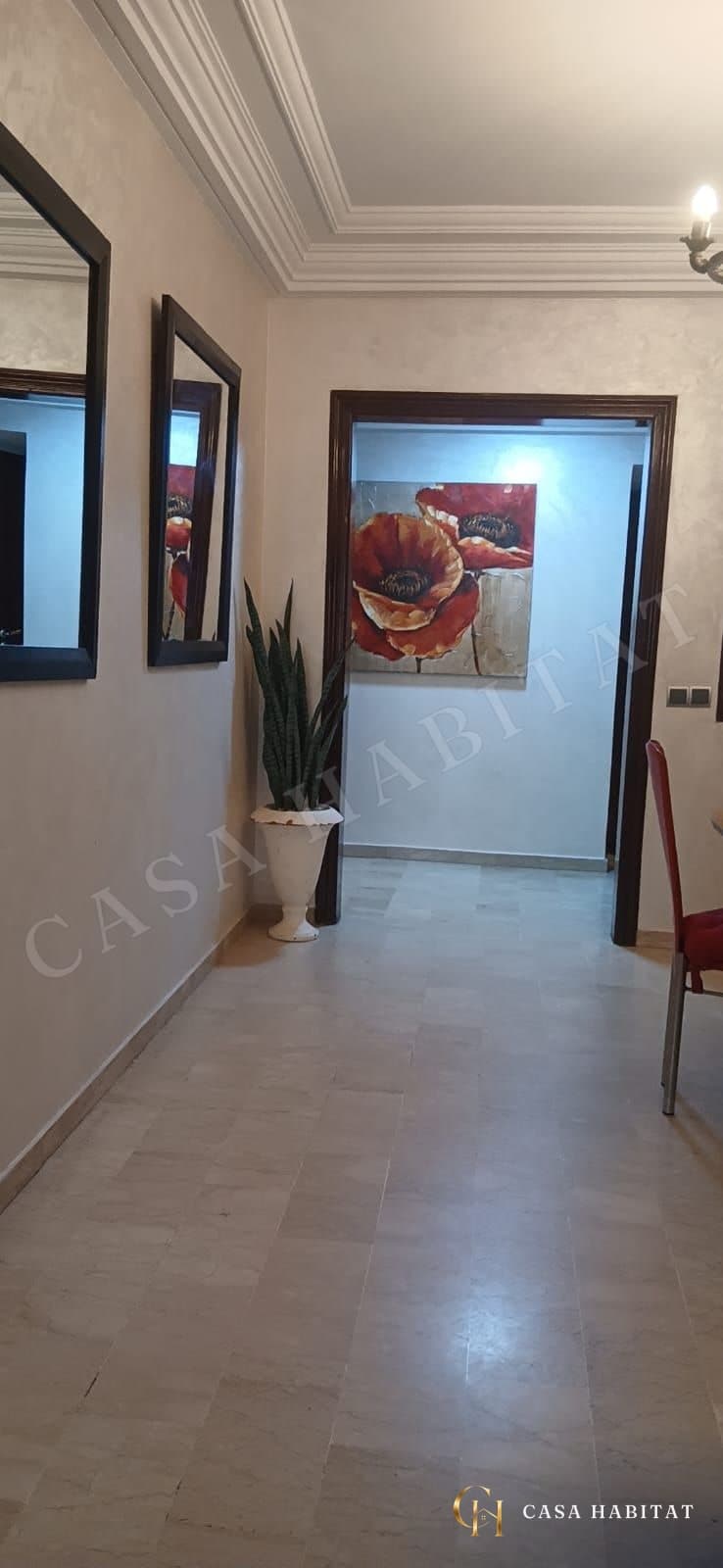 Couloir avec miroirs muraux, plante verte et tableau de coquelicots